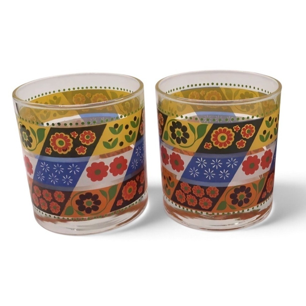 2 VTG MCM Pasinski Washington Floral Patchwork Drinking Glasses cottagecore